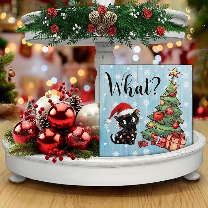 Funny Christmas Decorations, Black Cat Wooden Sign Decor, Christmas Tree Wooden Block Sign, Christmas Decor for Table Shelf 5 x 5 Inch