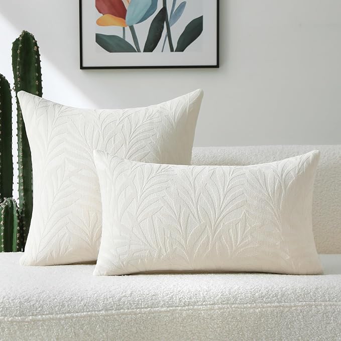 FUTEI Cream Decorative Throw Pillow Covers 12x20 Inch Set of 2,Soft Chenille Phoenix Tail Leaf Textured Pillow Case,Modern Home Decor for Couch Bed Living Room