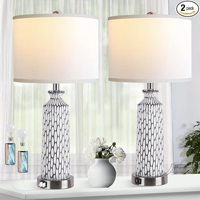 QiMH Table Lamp for Living Room,Bedside Lamps for Bedroom Set of 2 with USB A+C Ports,3-Way Dimmable Touch Control, Modern Coastal White Grey Resin Nightstand Lamp, Included 2700K LED Bulbs
