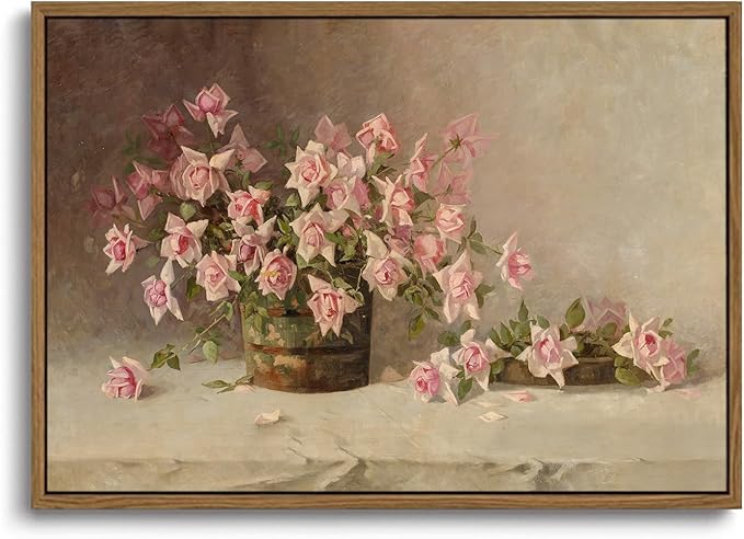 KISSFOX Vintage Floral Canvas Wall Art Framed Retro Pink Flower Botanical Painting Prints Farmhouse Rustic Still Life Roses Pictures Decor Gallery Office Living Room Bedroom Bathroom