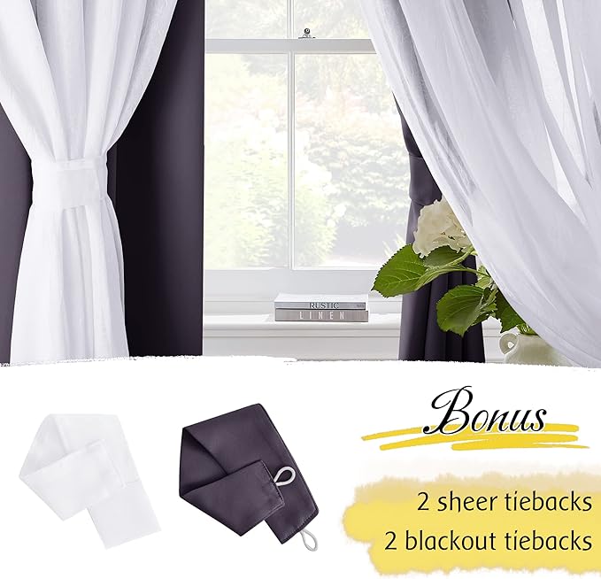 NICETOWN Blackout Curtains for Living Room Window Covering Double Layer Drapes with Sheer Overlay Thermal Insulated Farmhouse Rustic Design for Bedroom, W52 x L84 Inches, Greyish Purple, 2 Panels