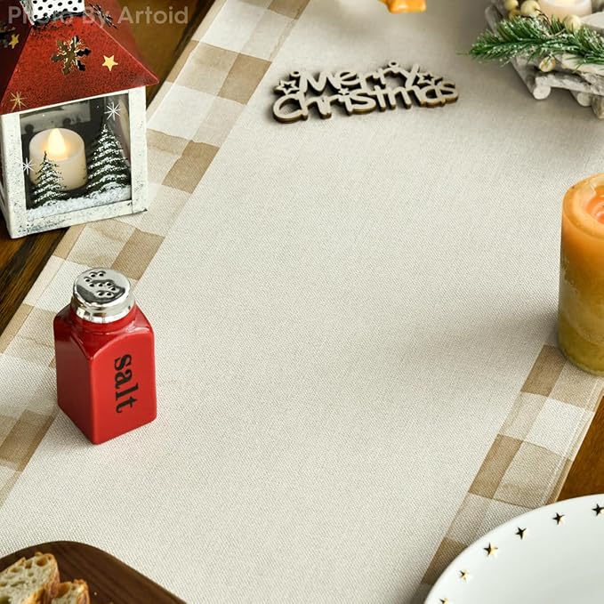 Artoid Mode Watercolor Brown Buffalo Plaid Christmas Trees Merry Xmas Table Runner, Seasonal Winter Holiday Kitchen Dining Table Decoration for Home Party Decor 13 x 120 Inch