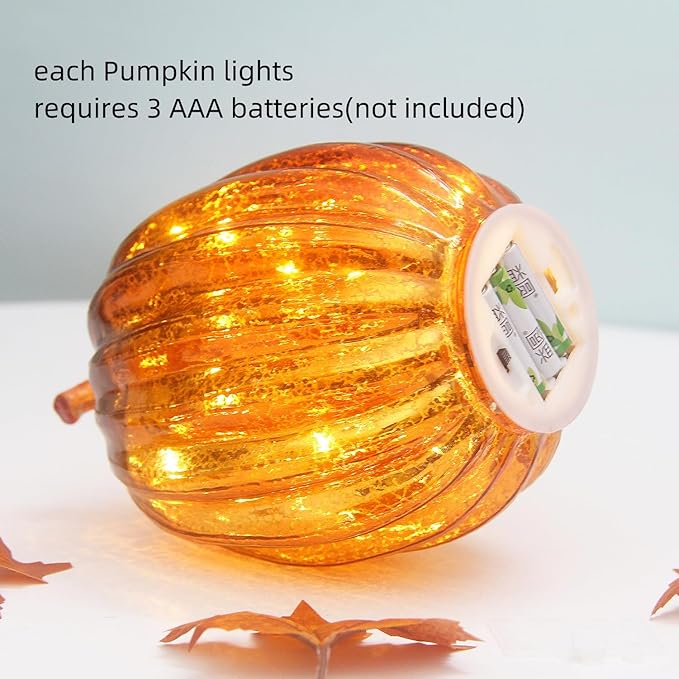 Mercury Glass Pumpkin Lights with Timer, Battery Operated Led Pumpkin Lights for Halloween Fall,Thanksgiving Rustic Decor (Gold Common, 8")