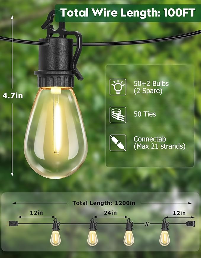 100FT Outdoor String Lights with 52 Shatterproof S14 Vintage Edison Bulbs E12 Sockets,2700K Dimmable Outdoor Lights,IP55 Waterproof LED String Lights for Outside, Patio, Garden, Backyard,Bistro