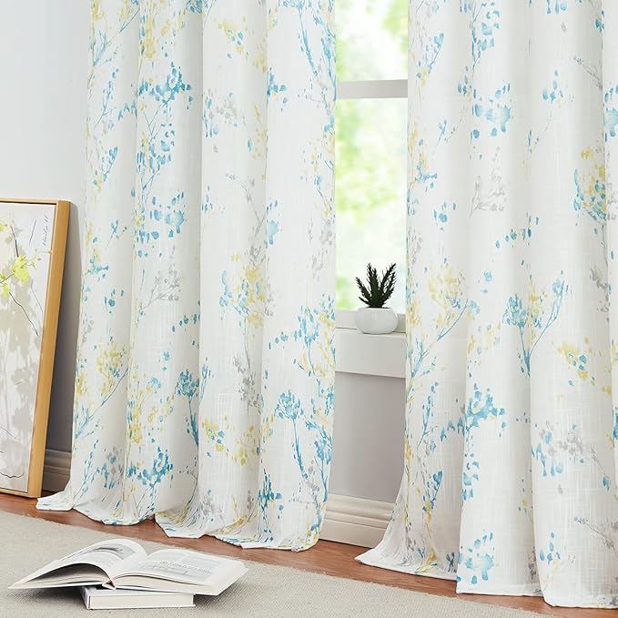 Branch Semi Sheers Curtains Living-Room 84inch Long Yellow Teal Watercolor Print Tree Curtain Drapes for Bedroom Linen Textured Look Privacy White Sheer Window Panels for Dining Grommet Top 2pcs