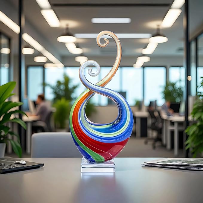 14″ Hand Blown Art Glass Sculpture with Fluid Design and Clear Square Base - Weatherproof Indoor & Outdoor Use Decor - Abstract Glass Art Piece