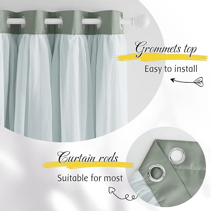 NICETOWN Blackout Curtains 84 inches Long for Bedroom Decor, Sage Green Farmhouse Country Double Layer Curtains with White Crushed Sheer Overlay for Nursery/Loft, 52" Wide x 84" Long, Set of 2
