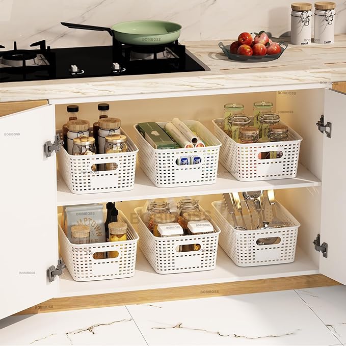 White Plastic Storage Baskets with Lids 12 Pack Stackable Storage Bins Containers for Shelves Organizing, Cute Decorative Storage Boxes for Classroom, Playroom, Closet, Pantry