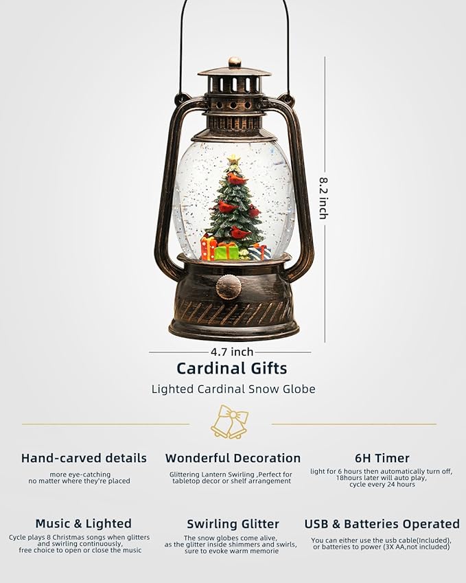Christmas Decorations Musical Snow Globes Lighted Tree Cardinal Glittering with 6H Time Lantern USB Lined/Battery Operated for Christmas Decorations Indoor Gifts