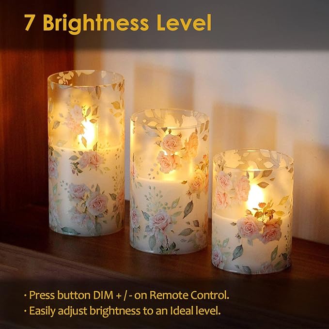 Rose Flameless Candles Love Theme Battery Operated Glass Flickering LED Candle with Remote Pink Flower Decal Realistic Pillar Candles Bedroom Home Decor Table Ornament