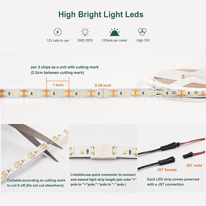 VST LED Strip Lights Warm White 120LEDs/m 1000Lm/M 9.6W/M CRI 90+ LED Tape Light 12V 2835 Cuttable Connectable Dimmable LED Strips for Indoor Under Cabinet, No Driver (2700k-16.4ft, White)