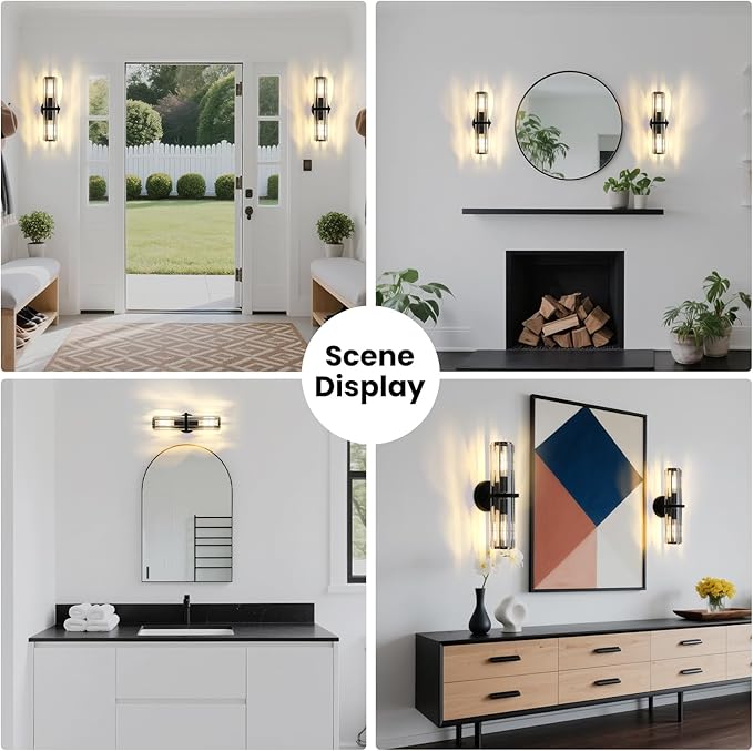 Crystal Wall Sconce Set of Two, 2-Light Black Luxury Indoor Vanity Wall Lamp, 15.7-Inch Upper and lower illuminated Bathroom Light Fixtures, for Living Room, Bedroom, Bathroom, Hallway, Mirror, E26
