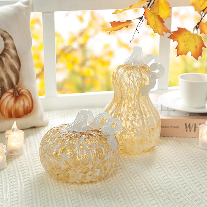 Glitzhome 6" D Fall Amber Dots Round Glass Pumpkin,Hand Blown Crystal Pumpkin Figurine Collectibles Table Accent for Fall Harvest Decorating