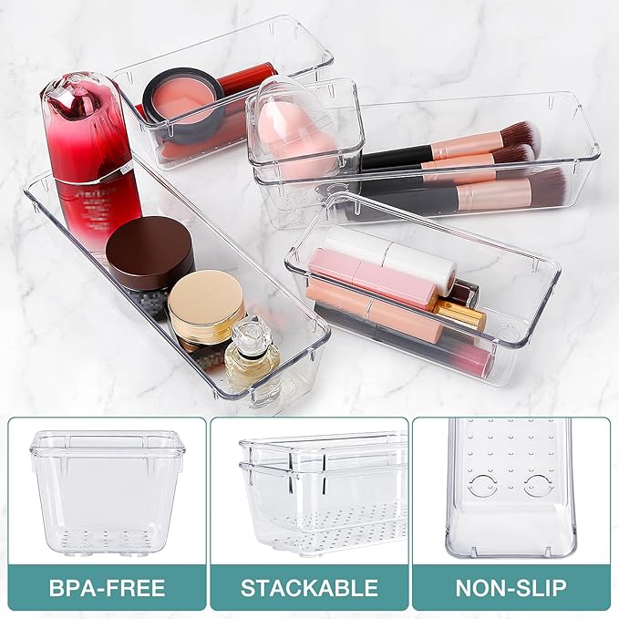 23 PCS Drawer Organizer Set, 5 Varied Size Bathroom and kitchen Drawer cabinet organizer Trays, Clear Storage Bins for Makeup, Jewelry, Utensils and Gadgets