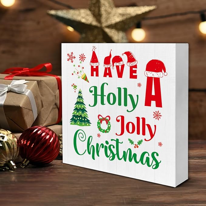 Indoor Christmas Decorations, Have a Holly Jolly Christmas Wooden Sign Decor, Farmhouse Christmas Wooden Block Sign, Christmas Home Decor for Table Shelf 5 x 5 Inch
