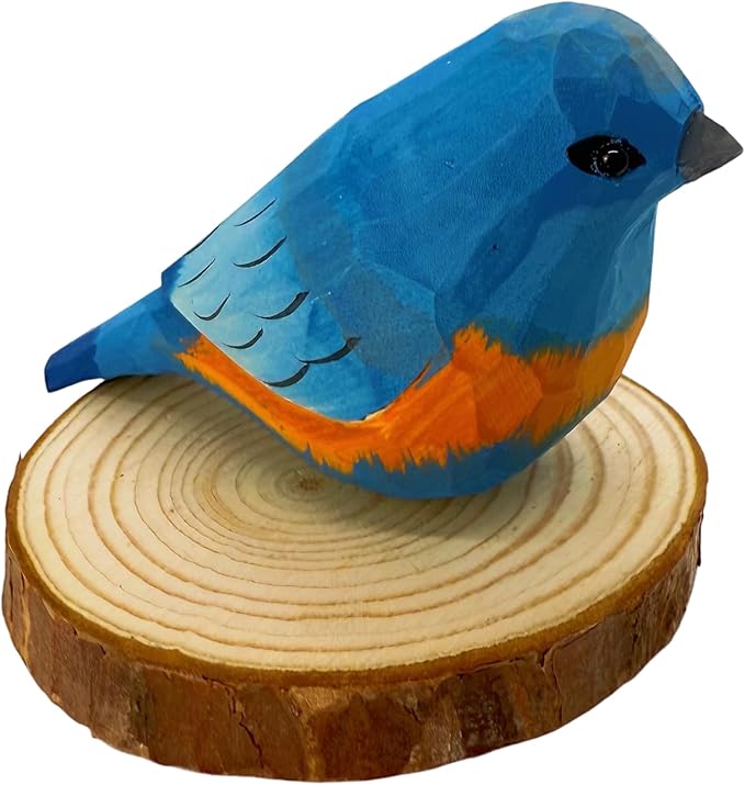 Wooden Bird Figurines Funny Desk Accessories Hand Carved Wood Decorative Small Birds Animal Miniature Statues Ornament for Home Room Decor (Blue)