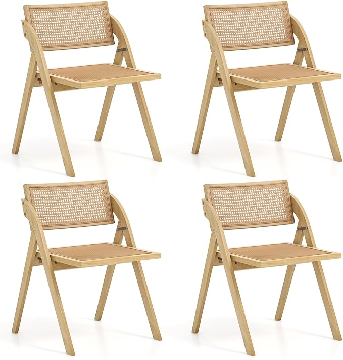 Giantex Folding Dining Chairs Set of 4, Wooden Folding Chair with Rattan Backrest & Seat, Sturdy Rubber Wood Frame, Armless Accent Chairs for Living Room, Kitchen Wedding Party, No Assembly, Natural