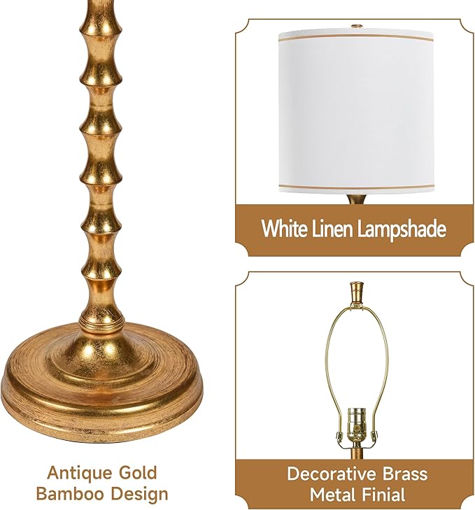 64.5" Gold Floor Lamp for Living Room, Gold Bamboo Floor Lamps for Bedroom, Tall Skinny Lamp for Home Decor, Mid Century Antique Floor Lamps with White Lampshade