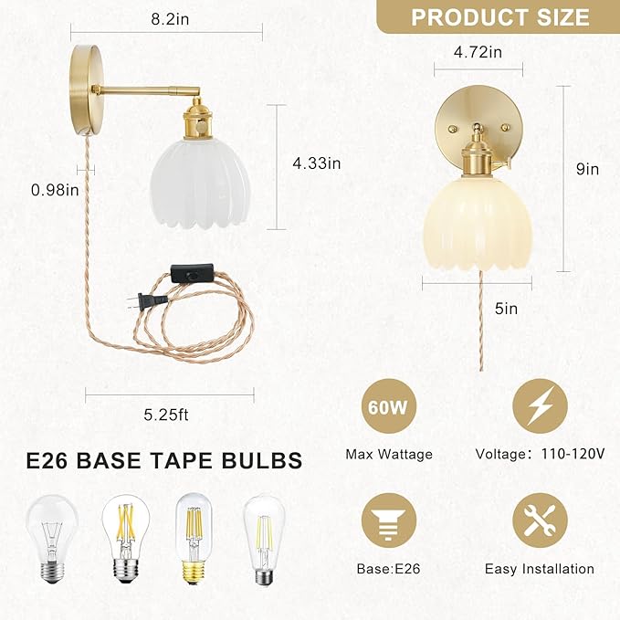 Plug in Wall Sconces Set of 2, Vintage Wall Sconce Light with Tulip Milk White Glass Lampshade, 180° Adjustable Wall Sconce with Switch and Plug in Wall lamp Cord, Gold Wall Light Wall Decor Set of 2