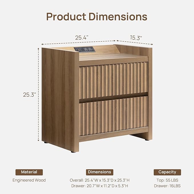 SICOTAS Fluted Night Stand Set 2 - Nightstands with Charger Station, Large Modern Bedside Table End Table with 2 Drawers, 25" Wide Farmhouse Nightstand for Bedroom (Caramel Oak, 2 Pieces)