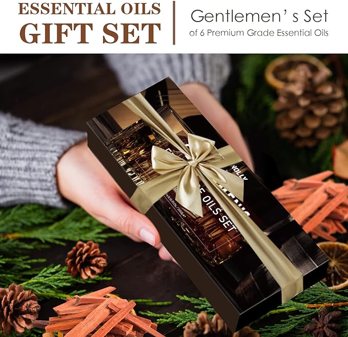 Essential Oils Set, Men Scents Fragrance Oil Aromatherapy Essential Oils Kit for Diffuser (6x10ML) - Sandalwood, Cedar, Leather, Sweet Tobacco, Rum, Cologne Aromatherapy Oils Gift for Men