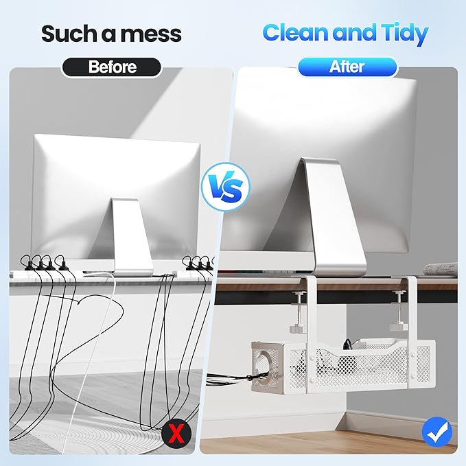 2 Pack Cable Management Under Desk Tray, No Drill Cable Management Box with Clamp for Wire Organization, Cord Organizer for Office, Home - No Damage to Desk (White)