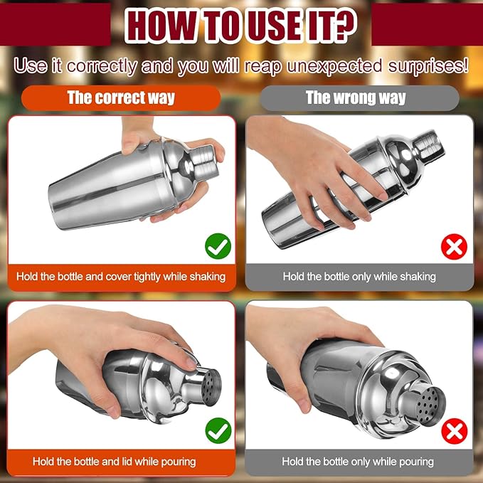 Nitial 9 Pcs Bar Cocktail Shaker Professional Stainless Steel Martini Drink Mixer with Built-in Strainer for Bartending No Leaks Boston Shaker for Bar Party Drink Mixing Tool(11.8 oz)