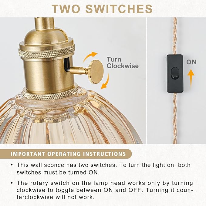 Plug in Wall Sconce, Vintage Sconce Light with Tulip Amber Glass Lampshade, 180° Adjustable Wall Sconce with Switch and Plug in Wall Lamp Cord, Gold Wall Light for Bedroom Bedside