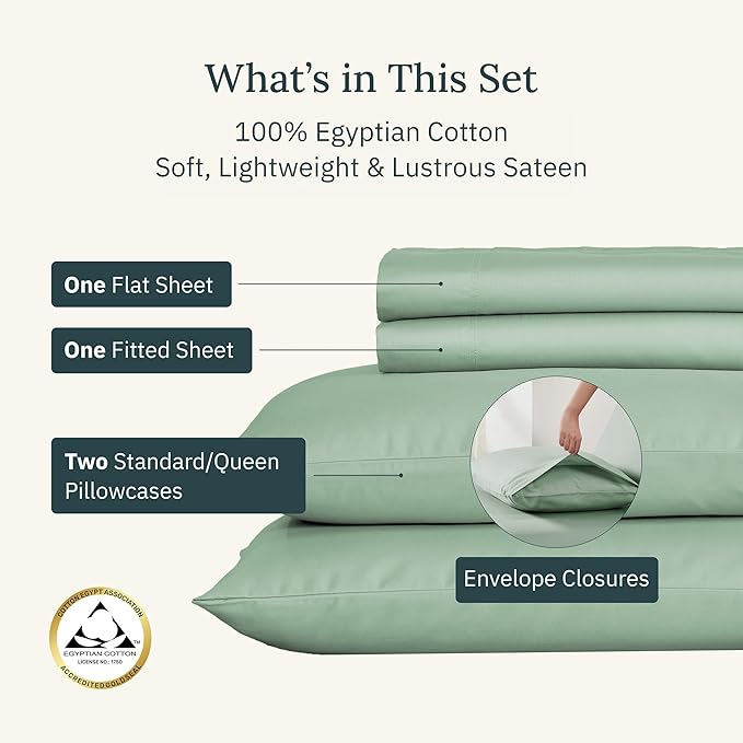 California Design Den Certified Luxury 100% Egyptian Cotton Sheets Queen Size Set - Deep Pocket Queen Sheets, Soft Sateen, Durable and Cooling Bedding Set for Hot Sleepers - Mint Green