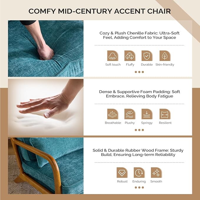 VINGLI Chenille Mid-Century Modern Accent Chair Set of 2, Cute Reading Arm Chair with Cushion & Lumbar Pillow & Solid Wood Frame for Lounge, Living Room, Reading Room, Bedroom, Turquoise