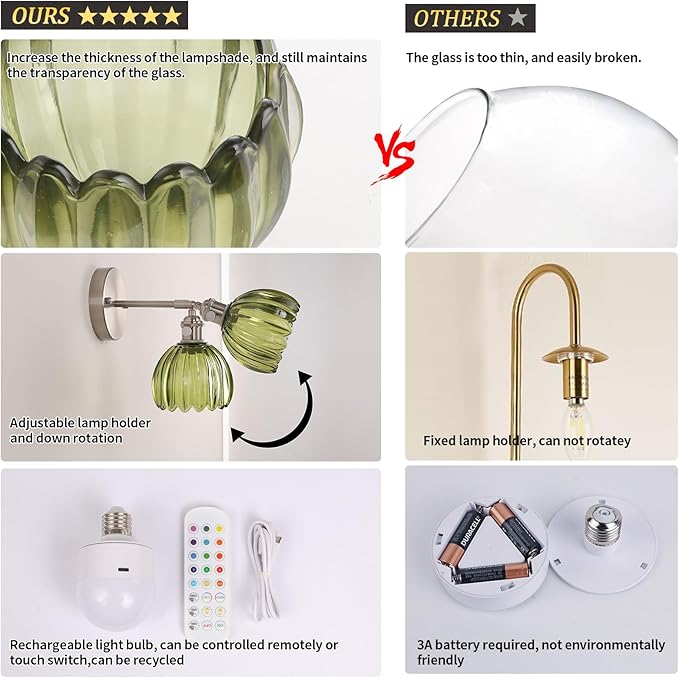 Battery Operated Wall Sconce with Cute Green Tulip Glass Lampshade Rechargeable Wireless Wall Light with Remote Control for Bedside Bedroom Doorway, Satin Nickel, Set of 2