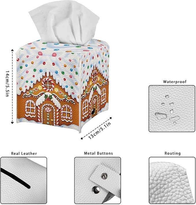 Christmas Tissue Box Square Cover Holder & Dispenser Modern Decorative PU Leather Tissue Box Holder Aesthetic Facial Paper Organizer Dispenser for Bedroom/Bathroom/Kitchen