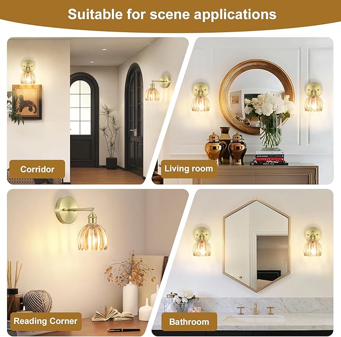 Vintage Wall Sconces Set of Two,Hardwired Wall Lights with Amber Tulip Glass Lampshade,Gold Wall Lamps for Bedroom Bedside Stairway Bathroom Living Room(Bulbs Not Included)
