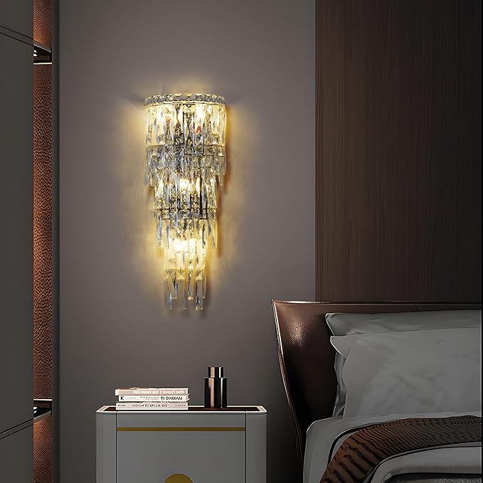 Wall Sconces,Modern Crystal Wall light Fixtures Indoor Luxury Chrome Wall Lamp,K9 Acrylic Crystal Drops Wall Lamp,Elegant Wall Lighting for Bedroom Bathroom Hallway Living room Mirror Bedside