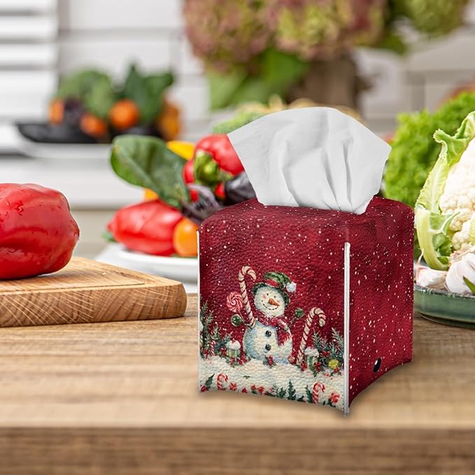 Christmas Tissue Box Holder Square Tissue Holder Organizer Modern Napkin Cover for Bedroom Dresser Night Stand Office Desk PU Leather Decorative Organizer Red Home Decor
