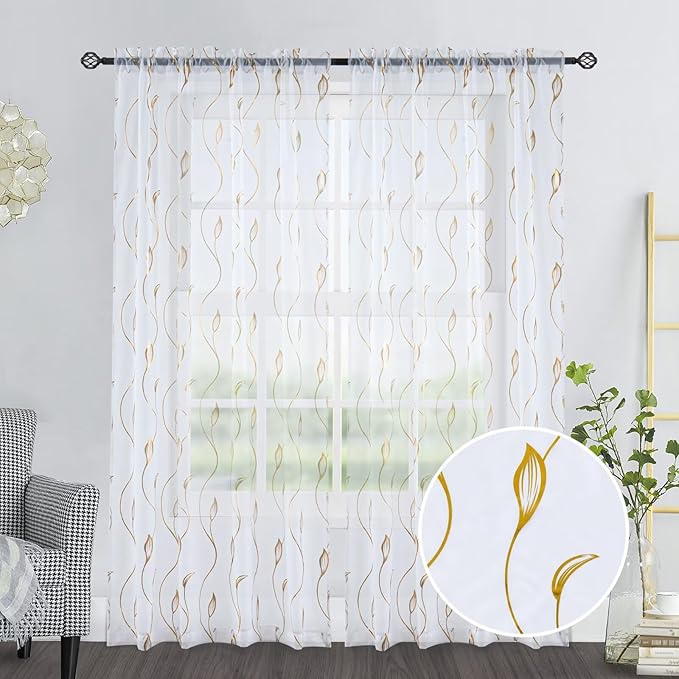 Gold Foil Print Sheer Curtains 84 inches Long, 2 Panels Wicker Bronzing Treatment Sheer Curtain, Rod Pocket Window Treatment Panels for Bedroom Living Room