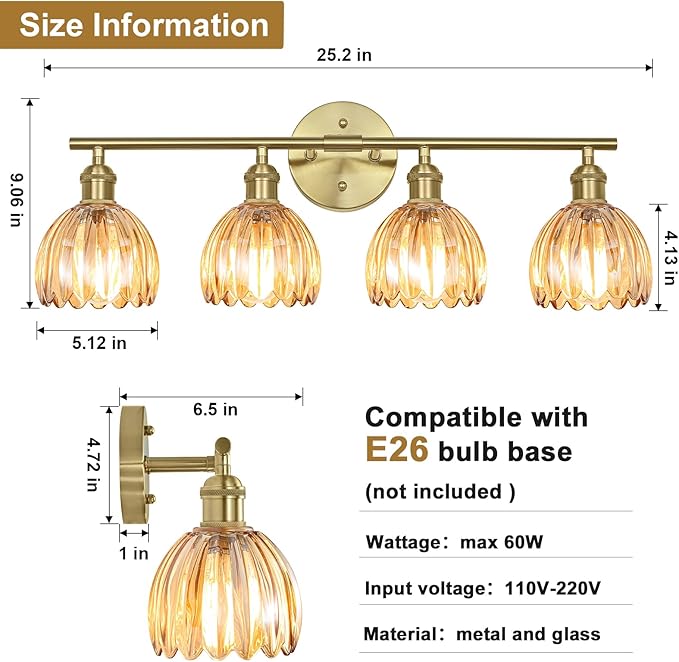Vintage Bathroom Light Fixtures,4-Light Hardwired Vanity Lights Over Mirror,Gold Wall Sconces with Amber Tulip Glass Shade for Bathroom Living Room,E26 Socket(Bulbs Not Included)