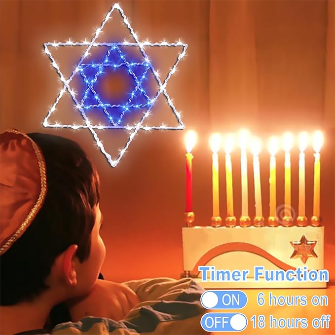 Hanukkah Decorations Chanukkah Window Lights, 8 Lighting Modes USB Powered White Blue 40 LEDs Star of David Silhouette Hanging Lights with Iron Frame 11.8 x 10 Inch Indoor Decor(1PACK)