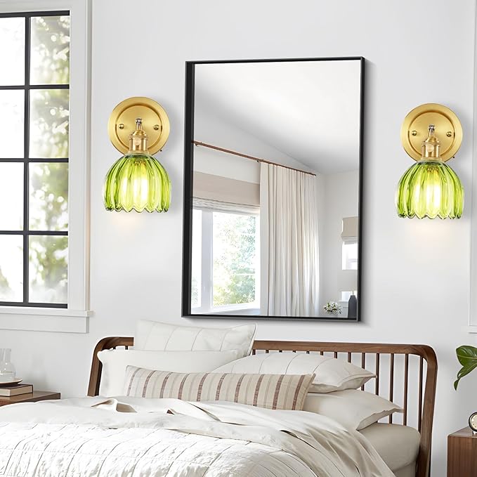 Vintage Wall Sconces Set of Two, 180 Degree Adjustable Brass Vanity Lights Fixture with Green Tulip Glass Lampshade, Hradwired Modern Wall Lighting for Bedside Bedroom Bathroom