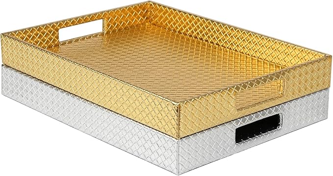 HofferRuffer Rectangle Serving Tray with Hole Handles for Coffee Table, Breakfast, Tea, Food, Butler - Countertop, Kitchen, Vanity Serve Tray, 16.2 x 12.2 x 2 inches, Faux Leather (Silver)