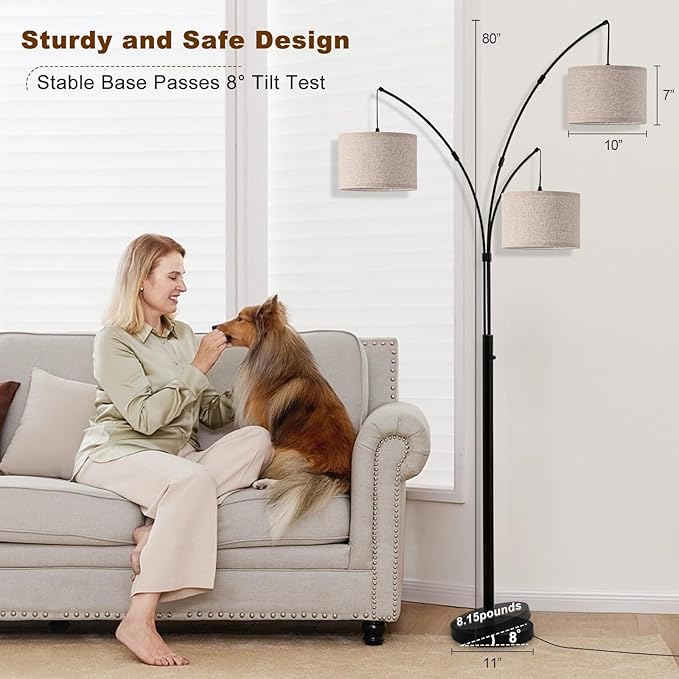 Arc Floor Lamp, 3 Light Floor Lamp with Remote, 2400LM Super Bright Tall Standing Lamp with 3 Color Temps & Dimmable, 80" Mid Century Tree Floor Lamps for Living Room, Bedroom, Office