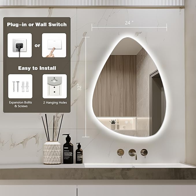 Niccy Irregular LED Bathroom Mirror, 24"x32" Asymmetrical Backlit Vanity Wall Mirrors, Frameless Lighted Mirrors for Bedroom, Living Room, Modern Smart-Mirror with Anti-Fog, Dimmable, Memory Function