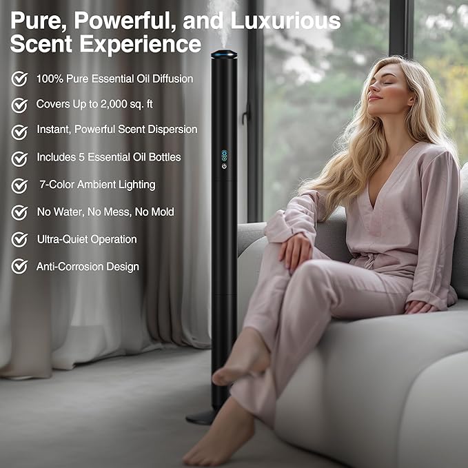 Waterless Scent Diffuser Starter Kit - 2000 Sq Ft Coverage, Luxury Hotel Scent Diffuser, Diffusers for Essential Oils Large Room, Included 5 Scent Oils, Remote Control, Black, 40In