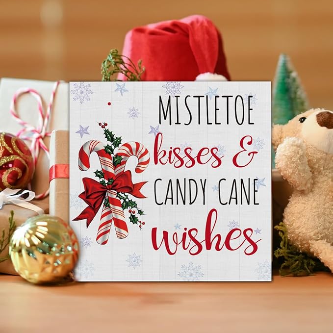 Rustic Christmas Decorations, Candy Cane Wooden Sign Home Decor, Mistletoe Wooden Block Sign, Christmas Decor for Table Shelf 5 x 5 Inch
