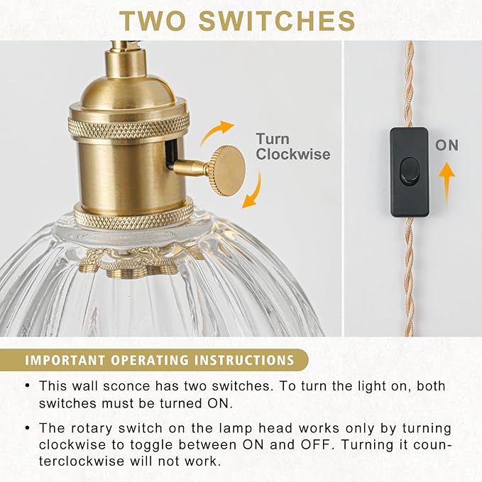 Plug in Wall Sconce, Vintage Sconce Light with Tulip Transparent Glass Lampshade, 180° Adjustable Wall Sconce with Switch and Plug in Wall Lamp Cord, Gold Wall Light for Bedroom Bedside