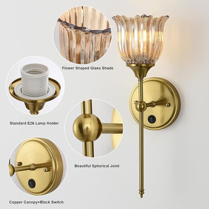 Modern Wall Sconces with Amber Flower Glass Shade 1 Pack, Mid Century Bathroom Vanity Wall Light Fixtures Gold Vintage Wall Lights with Switch for Mirror Bedroom Living Room