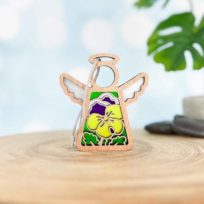 Pansies Gifts for Women - Pansy Christmas Ornament - Yellow Purple Flower Suncatcher - Memorial Angel Figurine - 3.5" (H)