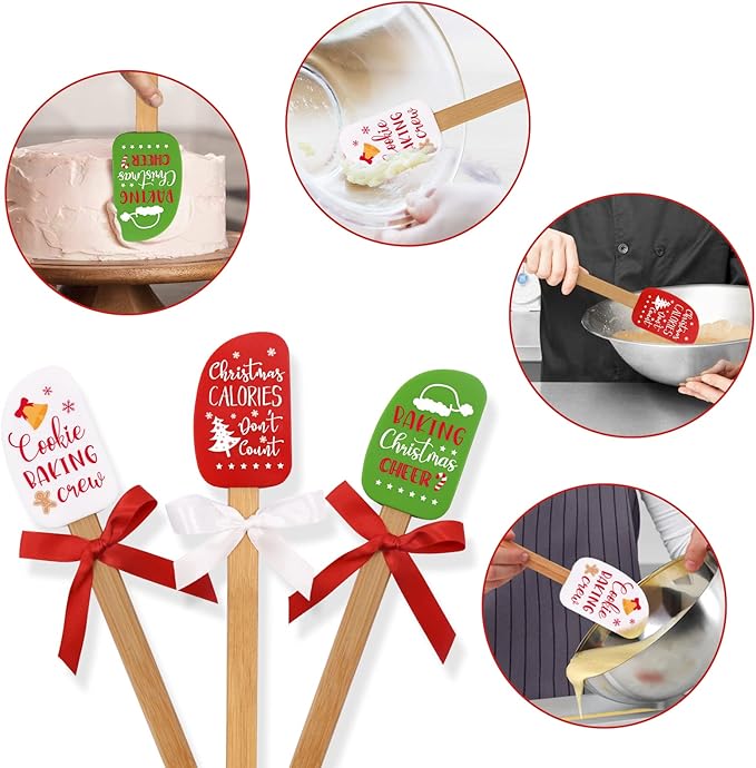 3PCS Christmas Silicone Spatula Set Decor Baking Gifts for Mom Flipping cake Food Grade Heat Resistant Kitchen Utensil Cooking Mixing Festival Wooden Handle and Ribbon Bows with greeting card present
