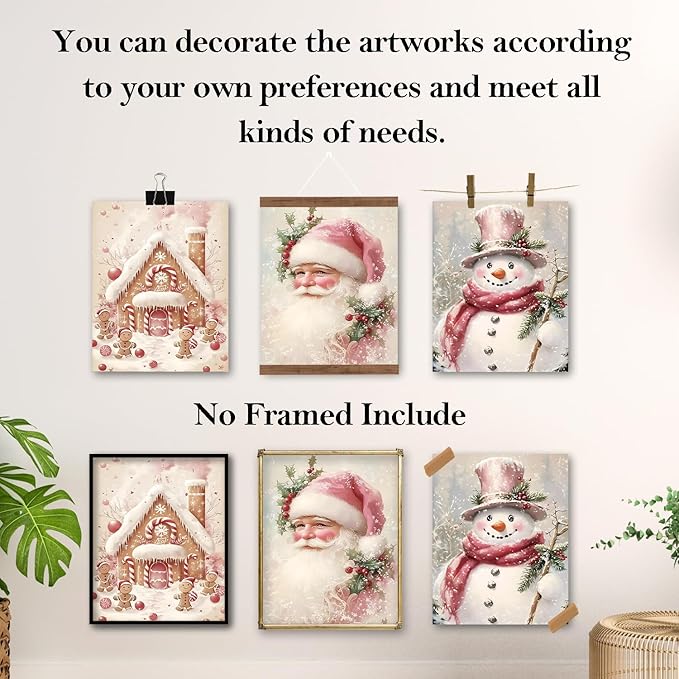 TFKFJLF Pink Vintage Christmas Santa Claus Wall Art Poster Decor, Retro Christmas Snowman Decor Wall Art, Vacation Decorations for Bedroom Bathroom Living Room Office, Unframed 8x10in Set of 4
