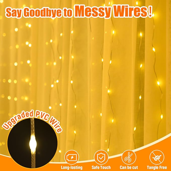 Curtain Light with Upgrade Untangled Wires for Bedroom, 300LED 9.8ft x 9.8ft Window Fairy Curtain String Light with 16 Hooks, 8 Modes Remote for Wedding Party Home Indoor Decor, Warm White